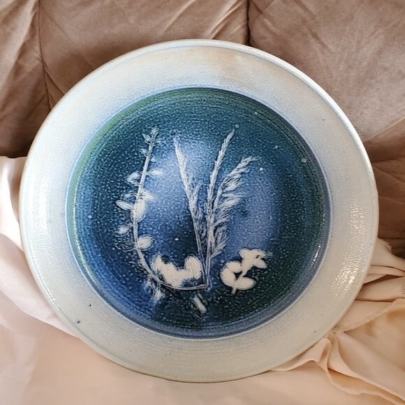 Art Deco Pottery Platter Wide Rimmed 13.5 inch  - Blue Brown White - Picture 1 of 9